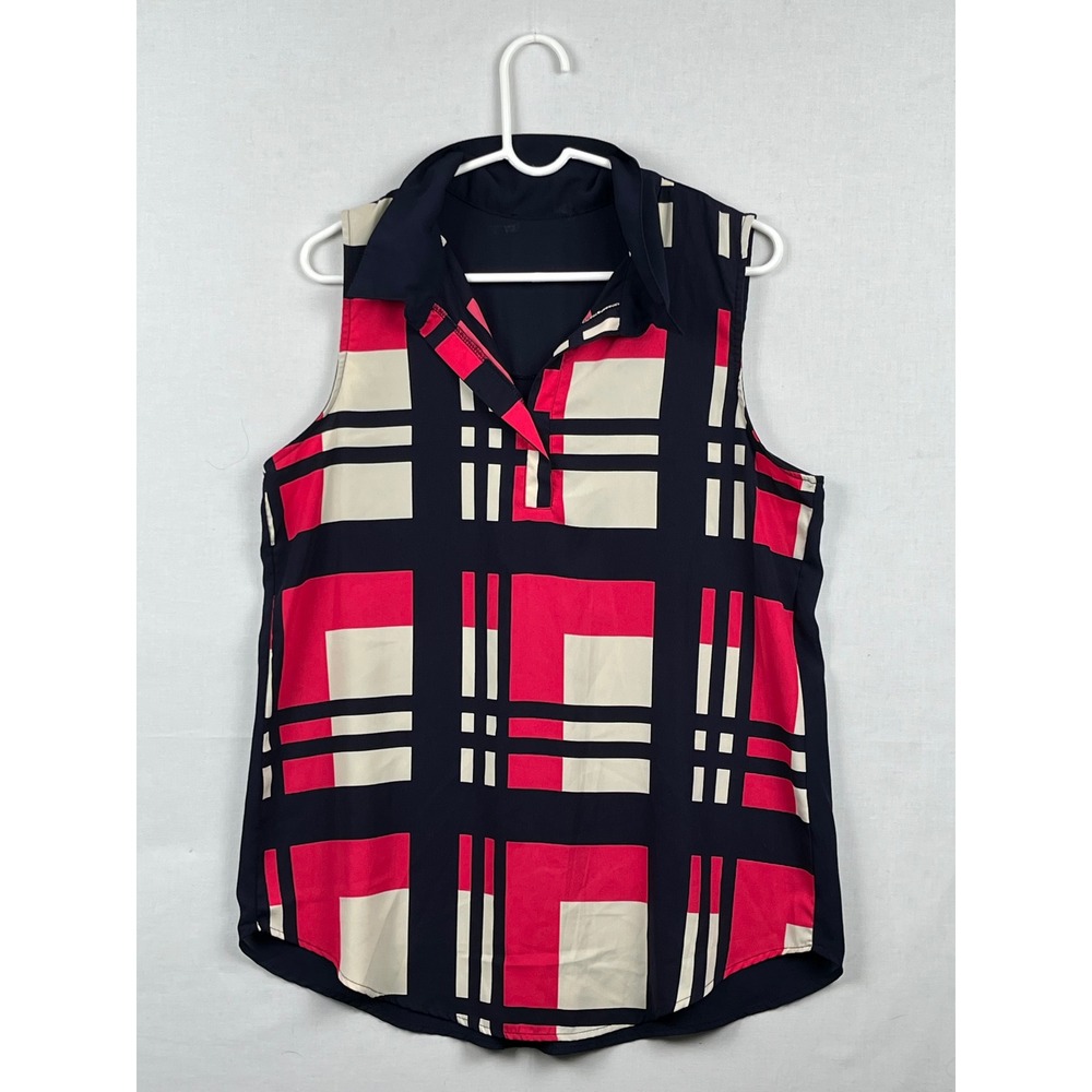 Unbranded Sleeveless Geometric Plaid Blouse Navy Red Cream Womens‎ Size L